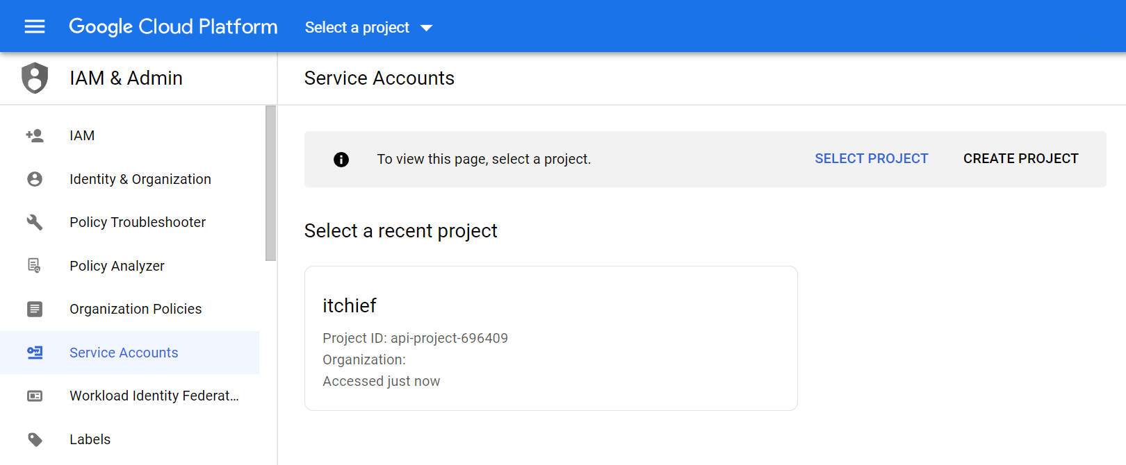 Страница Service accounts в Google Cloud Platform