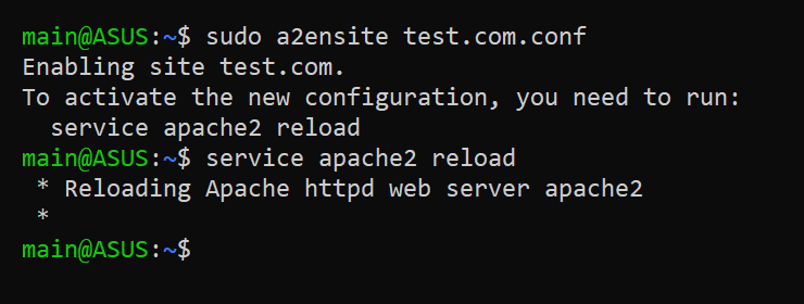 Перезапуск сервера Apache для того, чтобы настройки виртуальных хостов вступили в силу 