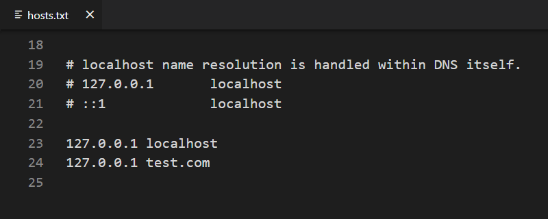 Добавим в hosts соответствие test.com IP-адресу 127.0.0.1
