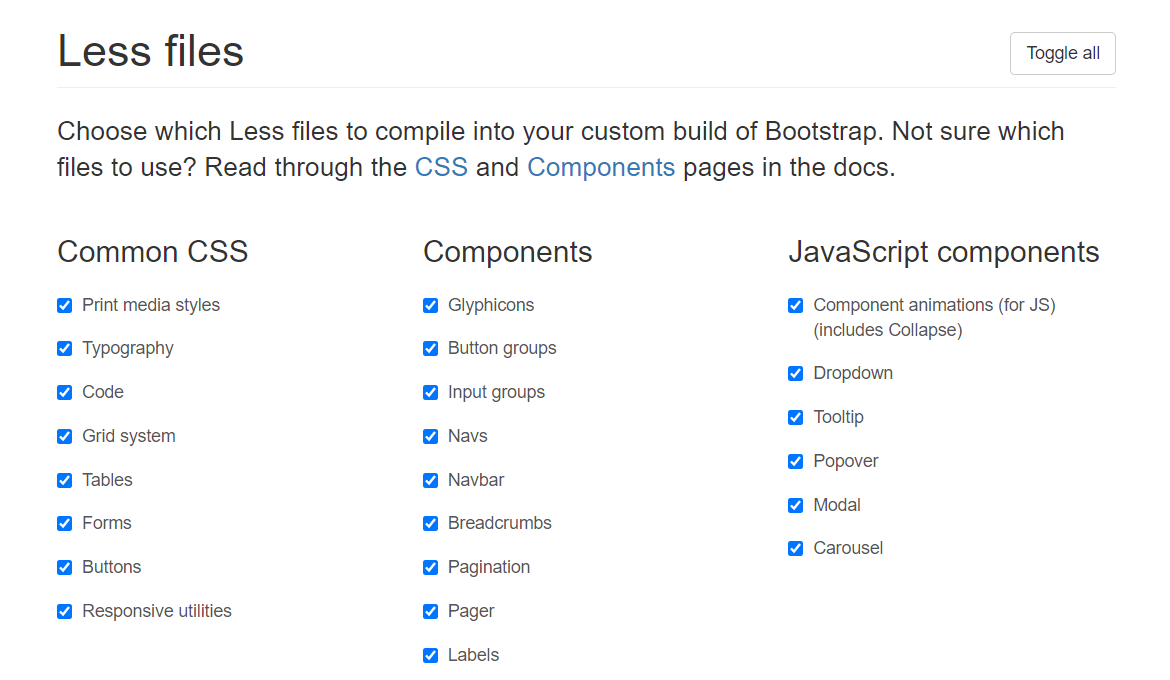Выбор исходных LESS файлов, которые необходимо включить в сборку Bootstrap 3