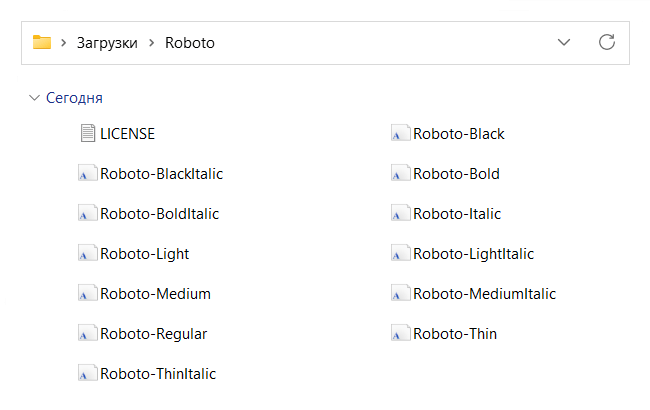 Список шрифтов из которых состоит семейство шрифтов Roboto