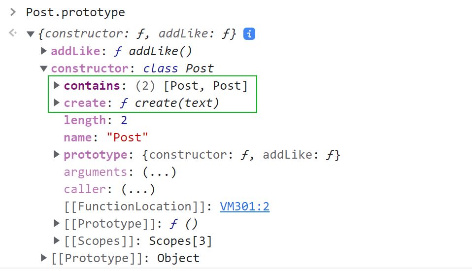 Пример на JavaScript, в котором выведем в консоль конструктор класса Post чтобы показать, что именно в нём  находятся статические свойства и методы