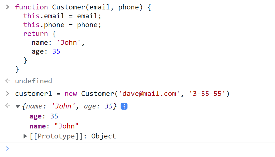 Использование в конструкторе инструкции return, которая возвращает JavaScript объект